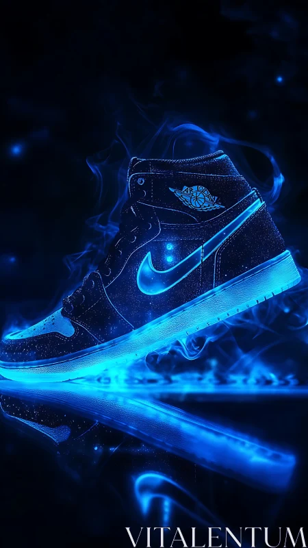 Luminous neon sneaker profile with electric blue vapor glow.