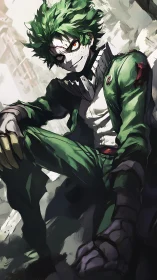 Intense green haired anime fighter in torn uniform sits.