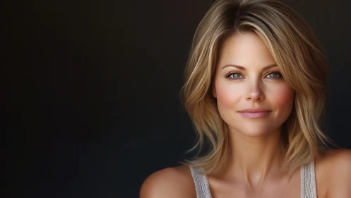 Elegant woman with short blonde hair in soft studio portrait.