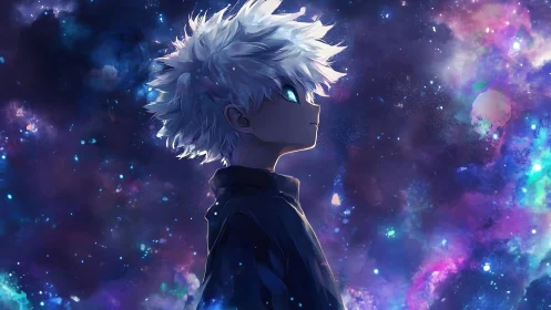 Silver haired anime boy gazes into vivid cosmic nebula