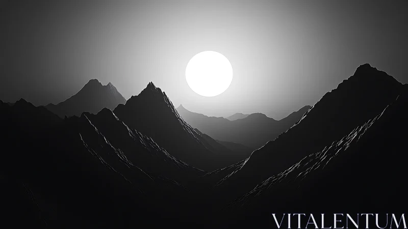 Minimalist sunlit mountain range in stark grayscale silence.