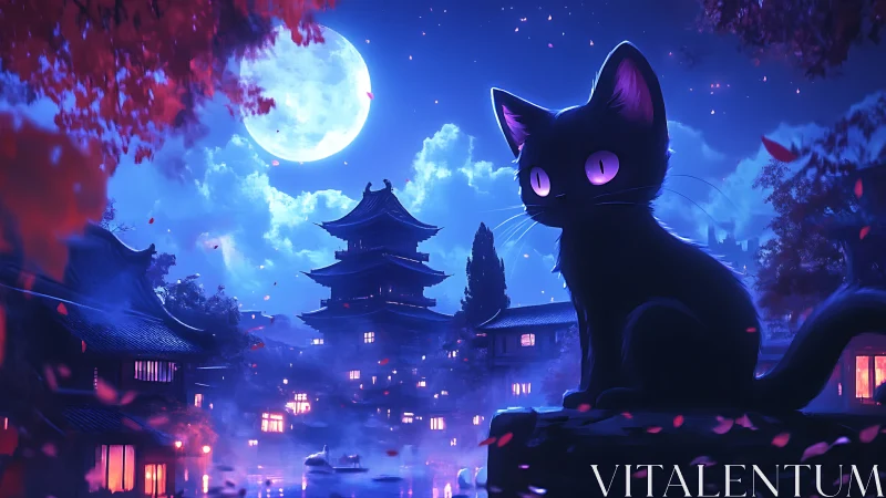 Luminous-eyed black cat over misty neon-lit pagoda town.