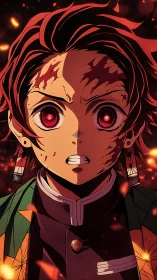 Demon-eyed anime warrior stands amid glowing embers.