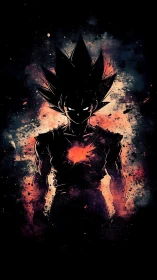 Fiery anime warrior rising through shadows and cosmic sparks.