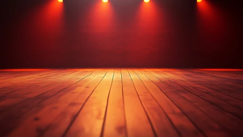 Cinematic wooden stage under warm directional spotlights.