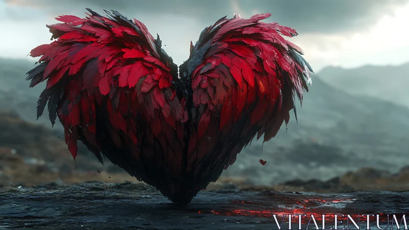 Luminous Heart: Crimson Wings Above Dark Terrain.