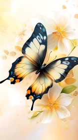 Butterfly rests over pale flowers in soft gradient field