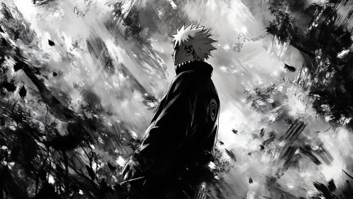 Solitary anime warrior stands amid abstract storm chaos