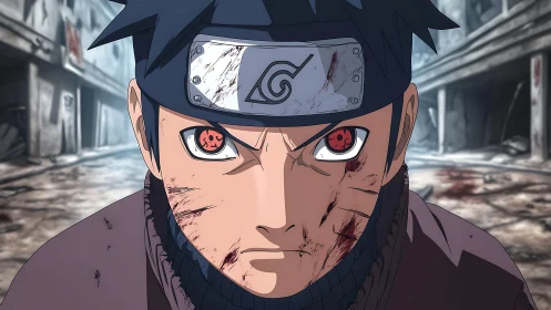 Storm-eyed ninja stands firm in a ruined quiet street.