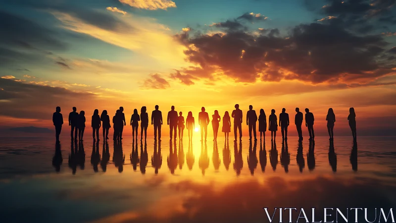 Silhouettes stitch a glowing horizon into reflective water