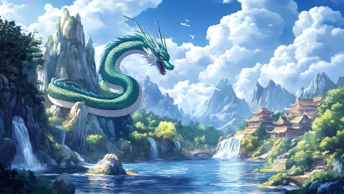 Emerald dragon guarding misty waterfalls and mountain temples.