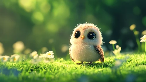 Adorable Cartoon Owl with Big Eyes in Sunlit Meadow Scene.