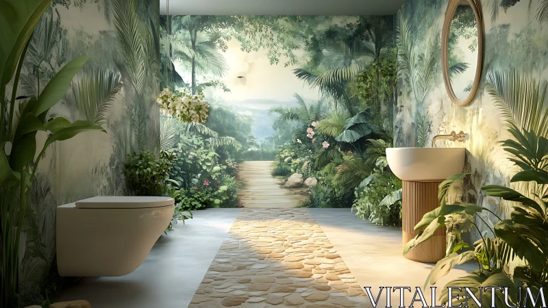 Tropical rainforest bathroom merges mural depth and natural light.