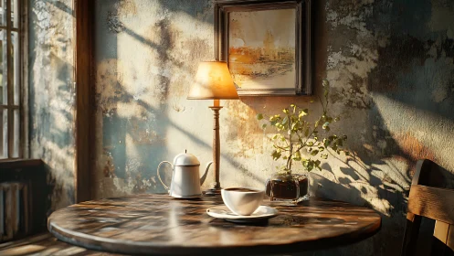 Rendered interior scene shows table, lamp and coffee service