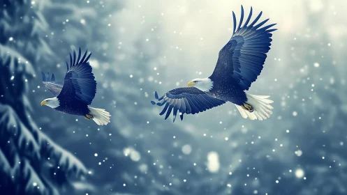 Majestic bald eagles flying over snowy forest in digital art style.