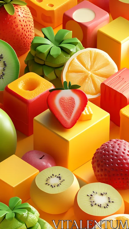 Geometric fruit carnival with glossy cubes and sliced color storms.