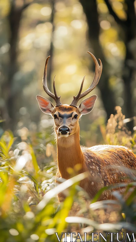 Young stag stands alert in sunlit forest clearing