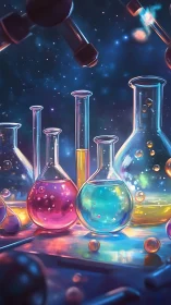 Colored chemical glassware is arranged under diffuse laboratory light