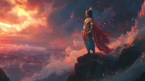 Regal warrior on cliff above glowing clouds at sunset.