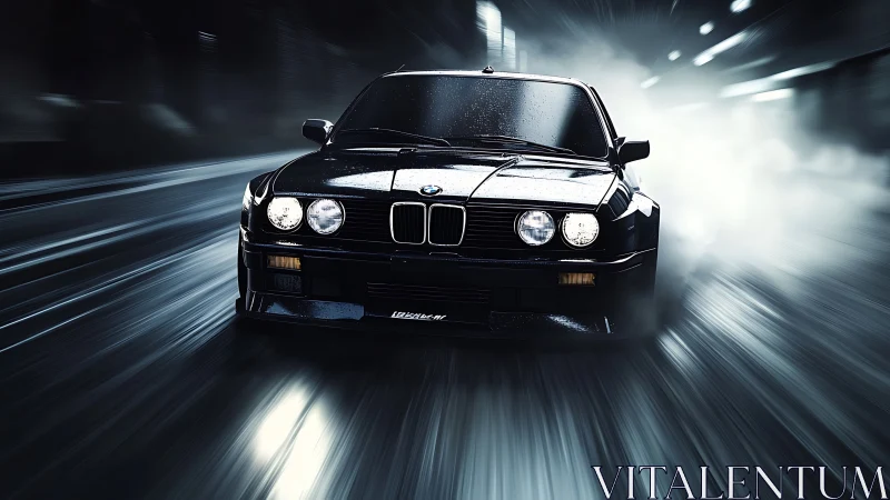 Retro black sports coupe powers through wet tunnel night