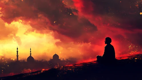 Solitary dreamer kindles calm beneath a burning celestial sky