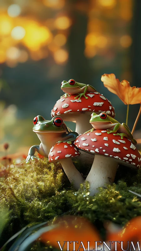 Three stylized frogs rest on red mushrooms in forest light