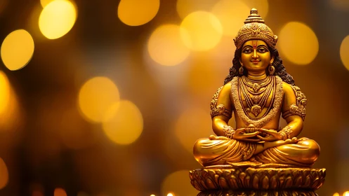 Golden Hindu goddess statue with warm bokeh lights behind.