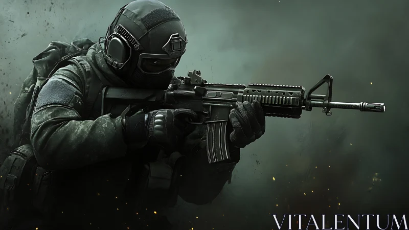 Tactical operator aiming carbine amid dense combat smoke