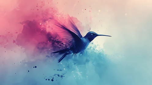 Iridescent hummingbird in abstract cyan and magenta cloudscape.