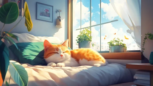 Orange and white cat resting on windowsill in sunlit interior space.