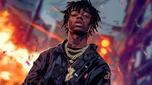 Stylized rapper portrait with gold chains and urban fire