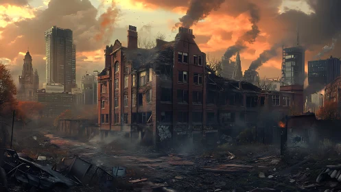 Ruined red-brick tenement in smoldering twilight cityscape.
