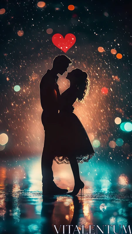 Silhouetted couple embracing beneath glowing red heart.