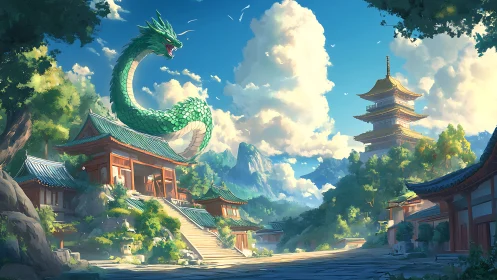 Sky-serpent curls above sunlit temple roofs and mountain air