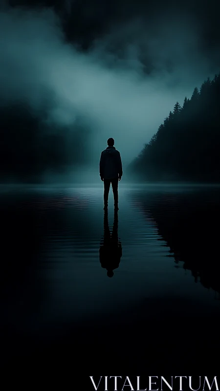 Cinematic silhouette on misted lake with axial reflection study.