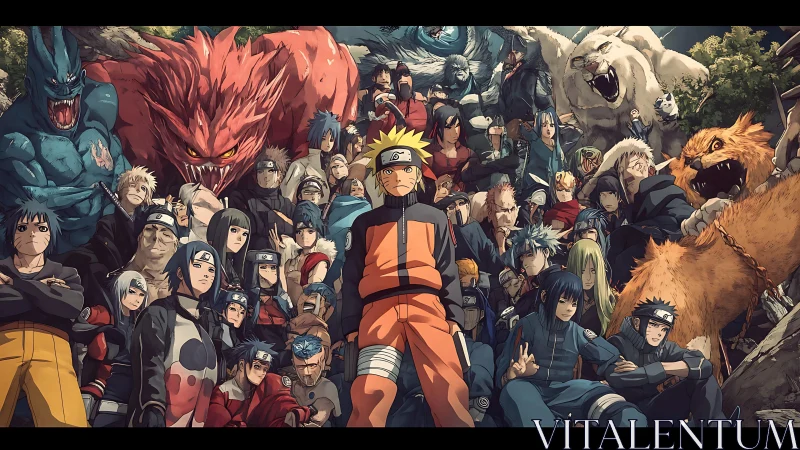 Central blonde ninja stands before gathered shinobi and beasts