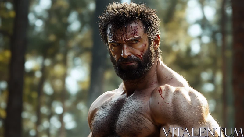 Battle-scarred forest warrior studies silence between heartbeats