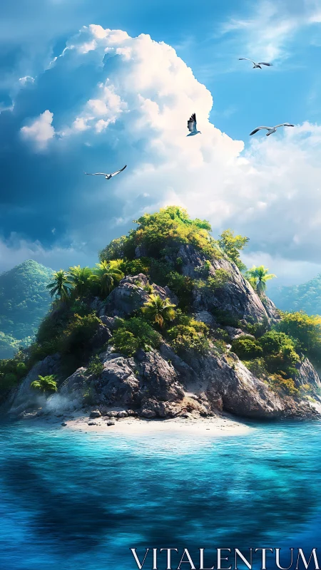 Tropical Island Paradise Beneath Soaring Birds.