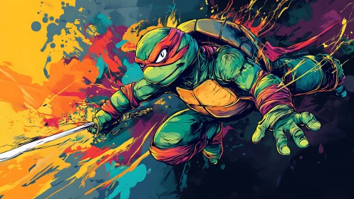 Neon turtle warrior leaps through explosive street-punk color.