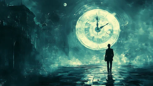Midnight wanderer walks toward a glowing clock of swirling time