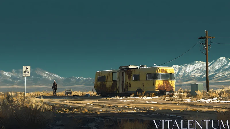 Desert roadside trailer under teal sky and snowy peaks.