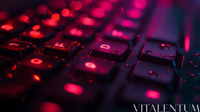Glowing gaming keyboard shimmers with neon droplets at night