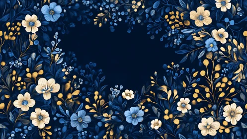 Blue and Gold Floral Border Pattern Design.
