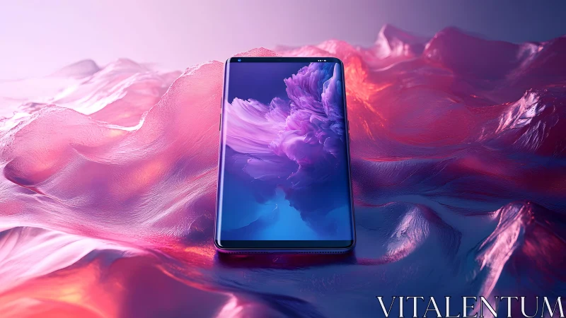 Futuristic smartphone on glossy, abstract pink and purple landscape.