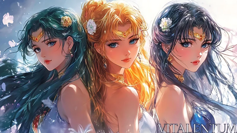 Three celestial warrior maidens gaze with radiant resolve