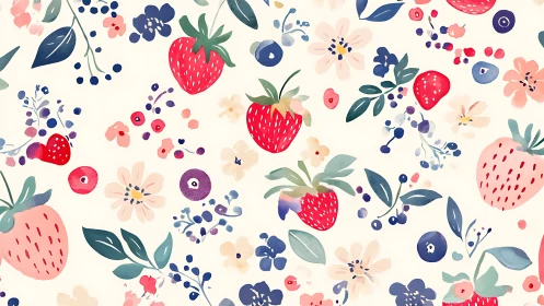 Strawberry and floral watercolor pattern brightens soft cream backdrop