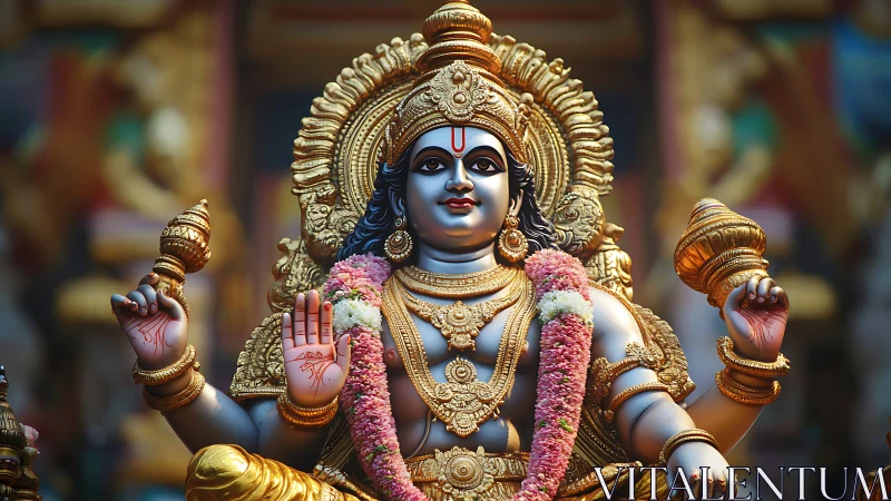 Ornate Hindu deity statue radiates gold and serene blessing