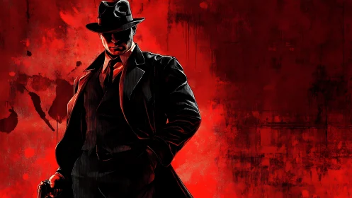 Noir trenchcoat gunslinger carving shadows in scarlet fog.