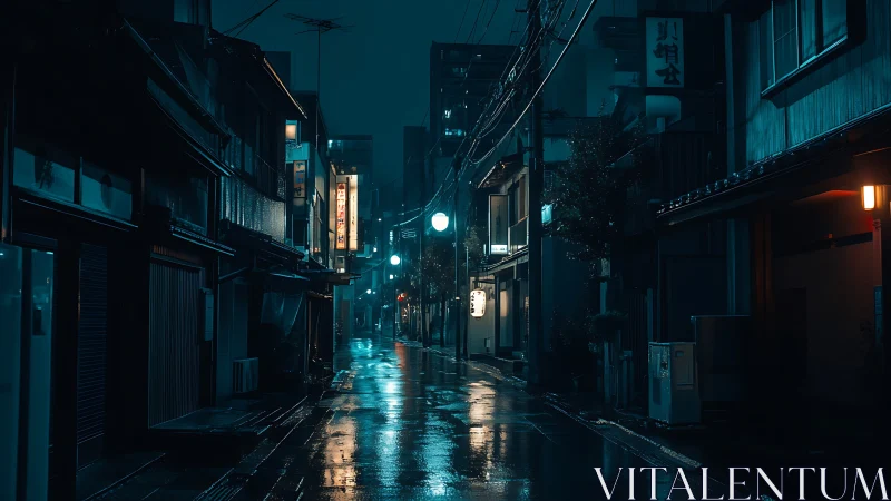 Midnight rain polishes a neon-lit Japanese backstreet.