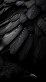 Raven wing macro study with sculpted black feathers.